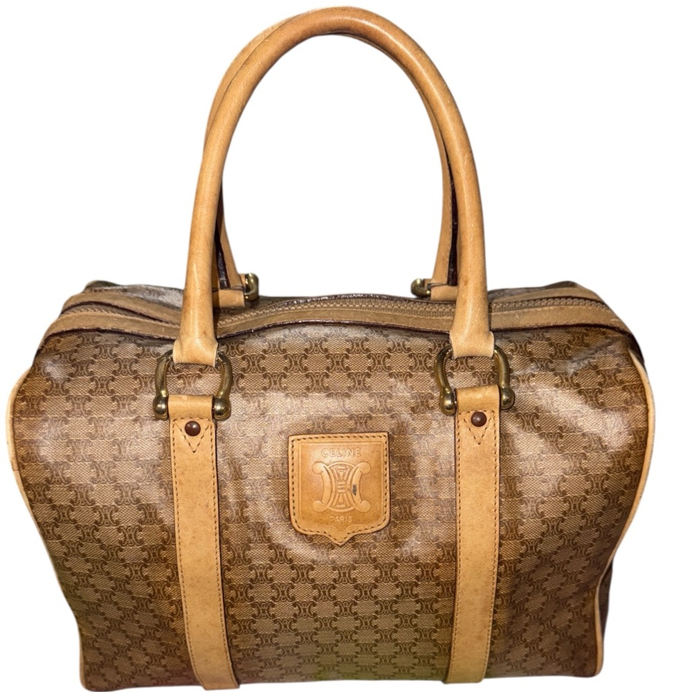 Vintage Celine Macadam Boston Bag – Brown Coated Canvas & Leather Trim with COA